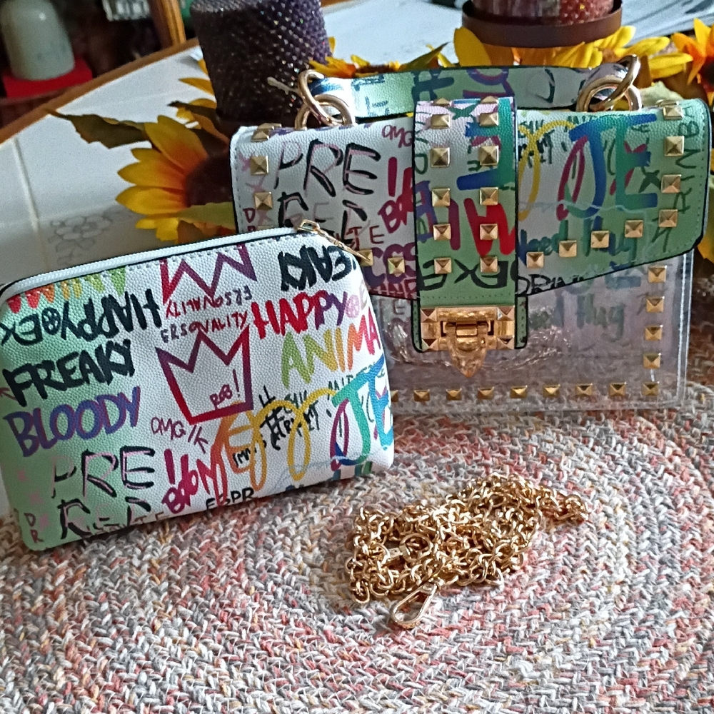Colorful Graffiti Print Women's Bag Set NWOT
